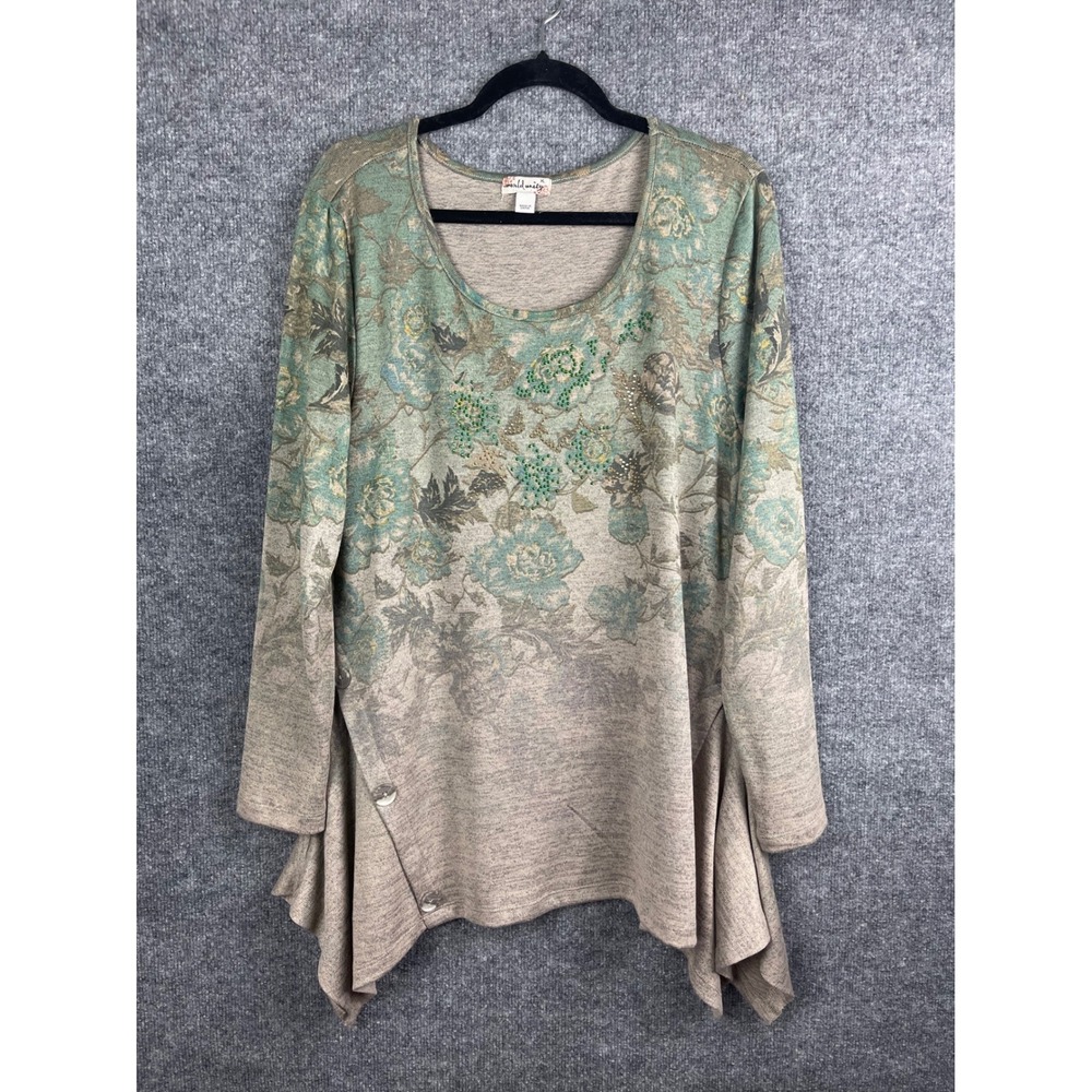 World Unity Tunic Top Women's XL Green Taupe‎ GooFloral Beaded Shark-bite Hem